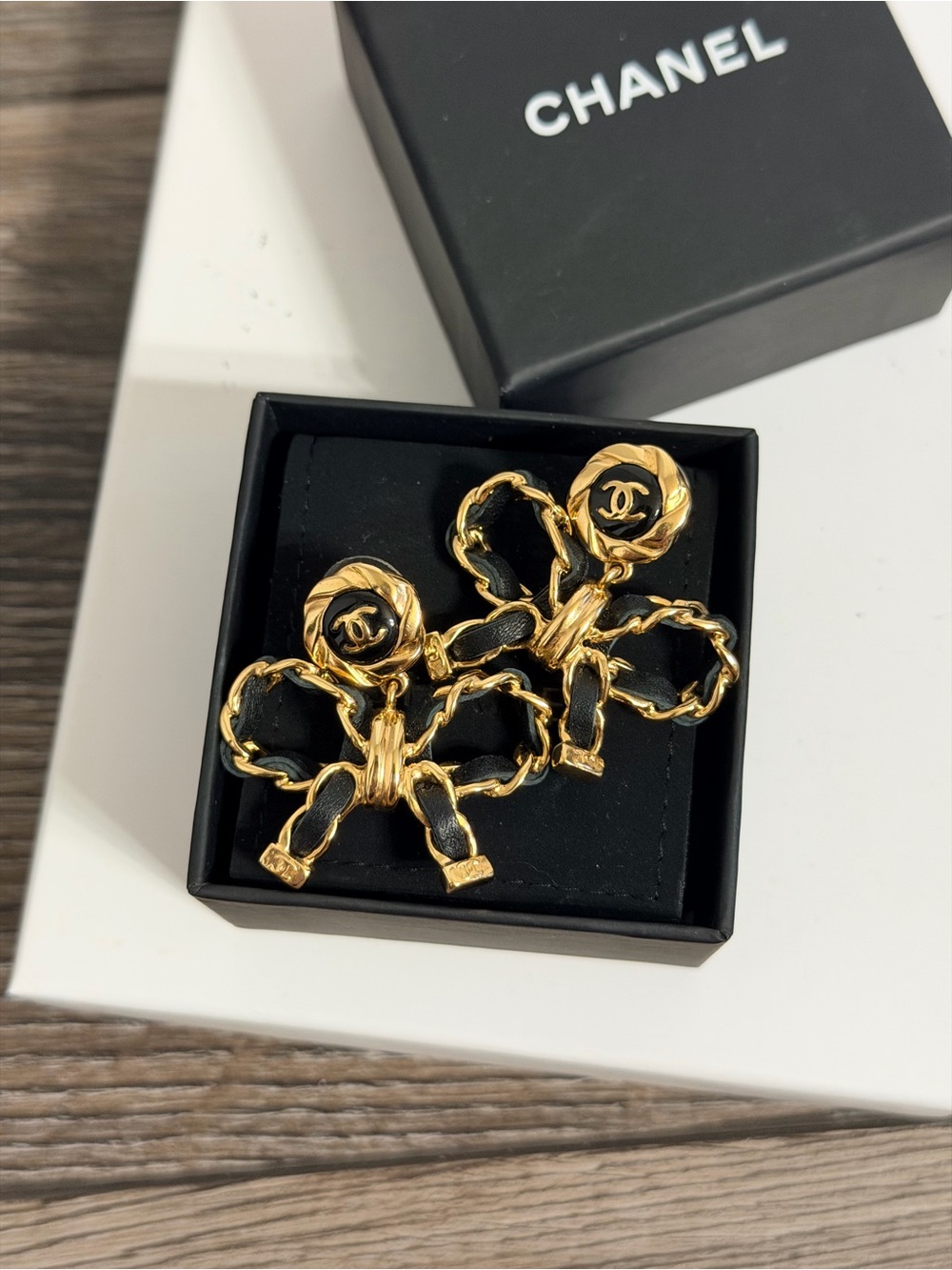 CHANEL Leather Bow CC Gold Dangle Earrings